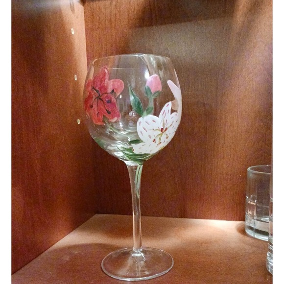 9" Goblet HAND PAINTED WINE GLASS Tropical Asian Lilly Flowers - Picture 14 of 14